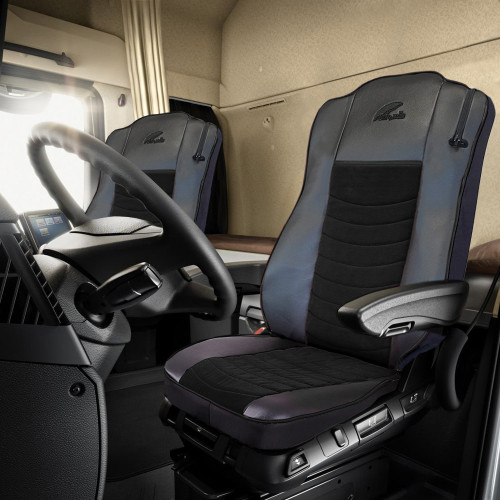 SET HUSE SCAUN TRUCK UMBRELLA PENTRU MERCEDES MP5 MP6 EURO 6  PIELE ECOLOGICA NEAGRA + VELVET NEGRU