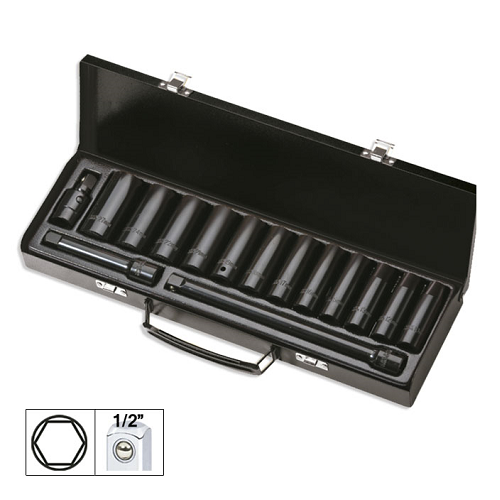 SET DE 15 PIESE DE IMPACT CU 12 TUBULARE LUNGI DE 1/2 INCH HEXAGONALE + ADAPTOARE JBM
